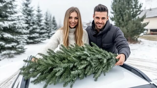 Happy couple selects and prepares to transport a Christmas tree during a snowy winter outing in a picturesque location