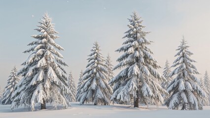 Fototapeta premium Snow-covered pine trees in a winter landscape with snow on the ground and a clear sky. Winter scene of snow-capped evergreen trees.
