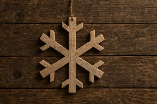 Wooden snowflake on rustic background.