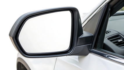 Car side view mirror with a blank white screen cut out on PNG. AI GENERATED.