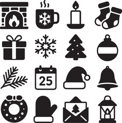 Cozy Home Winter Black & White Icons Set For Holiday Decor
