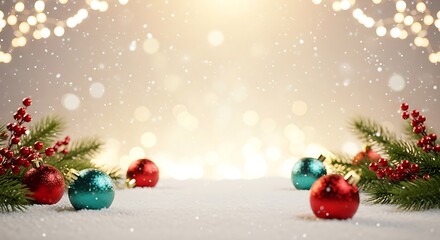 Festive christmas background with bokeh lights and ornaments on snowy ground
