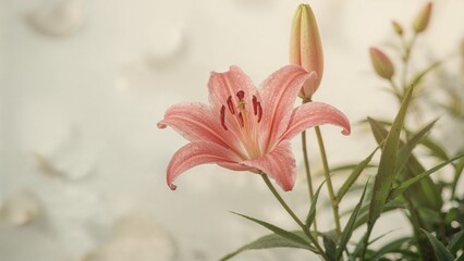 Fototapeta premium Pink lily flower with buds and green leaves. Beautiful floral arrangement. Close-up of a blooming lily in a garden or vase.