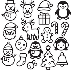 Cute Black & White Holiday Character Icons Set Kids Style

