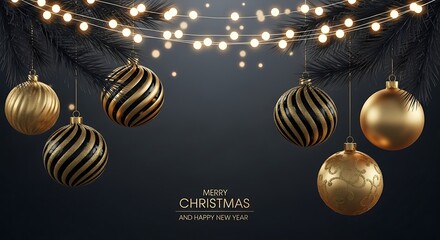 Elegant golden christmas ornaments hanging under twinkling lights festive holiday background