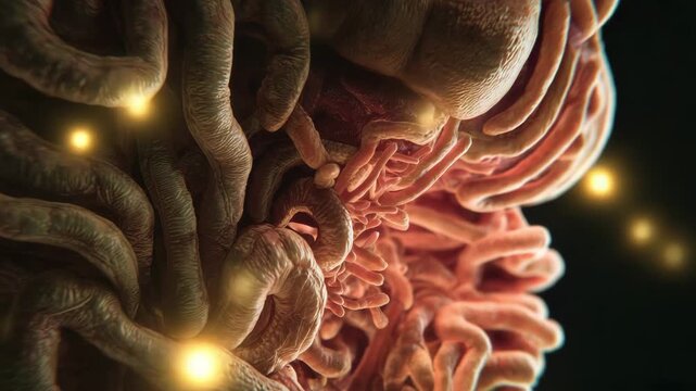 Extreme close-up displays abstract organic forms resembling intertwined tentacles and tissues, illuminated by glowing yellow orbs, suggesting a microscopic or fantastical biological environment.