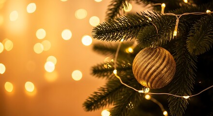 Close up of a decorated christmas tree with warm bokeh lights in the background