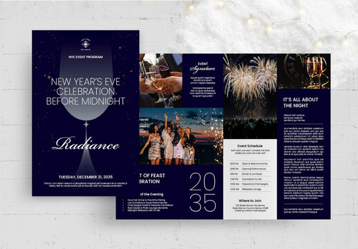 New Year Gala Event Program Template & Brochure Layout for NYE Countdown & Black Tie Fundraisers