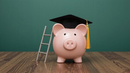 Piggy bank with a graduation cap and ladder, symbolizing education savings or academic achievement, placed on a wooden surface.