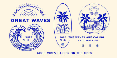 Collection of vintage style surf club graphics featuring waves palm trees and sun with inspiring beach mottos