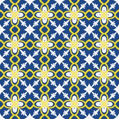 Seamless fabric pattern, Bohemian, yellow, white, geometric, antique, native american, blue background