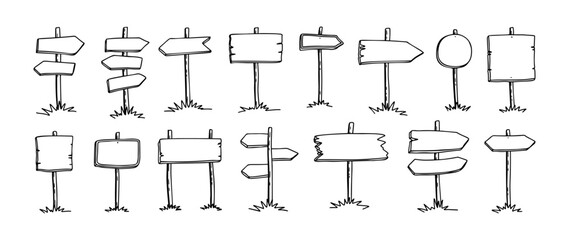Hand drawn road sign. Doodle wooden signpost, sketch street direction pointer. Blank signboard with arrow vector isolates set © Ukio.stock