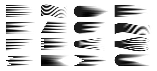 Horizontal comic speed lines. Fast motion cartoon manga effect. Strip gradient texture, anime superhero movement shape, abstract power quick flash. Vector isolated set © Ukio.stock