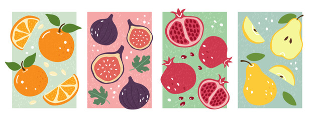 Fruit poster. Fresh organic orange, fig and pomegranate, pear summer fruits, healthy vegetarian food, detox nutrition banners. Vector set