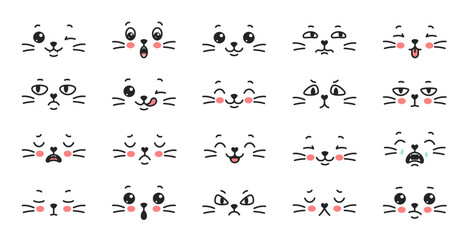 Cat face emotions. Kitty cartoon emoji with mouth, nose whiskers and eye in Japanese kawaii style. Happy, sad and angry, crazy and crying cute pet expression. Vector isolated set