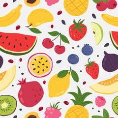 Fruit seamless pattern. Cartoon watermelon, strawberry and mango, banana and pineapple, blueberry and cherry, lemon and kiwi. Sweet natural organic fruits, healthy eating vector texture