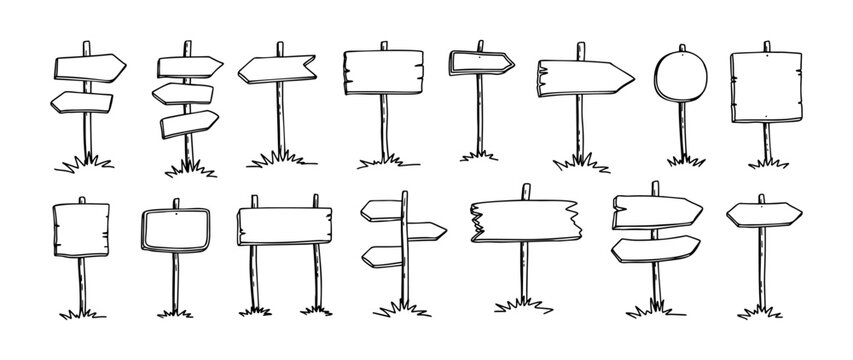 Hand drawn road sign. Doodle wooden signpost, sketch street direction pointer. Blank signboard with arrow vector isolates set