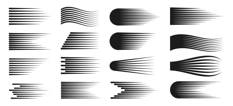 Horizontal comic speed lines. Fast motion cartoon manga effect. Strip gradient texture, anime superhero movement shape, abstract power quick flash. Vector isolated set