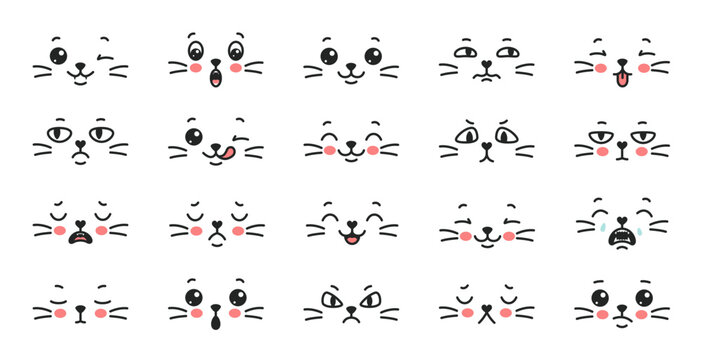 Cat face emotions. Kitty cartoon emoji with mouth, nose whiskers and eye in Japanese kawaii style. Happy, sad and angry, crazy and crying cute pet expression. Vector isolated set