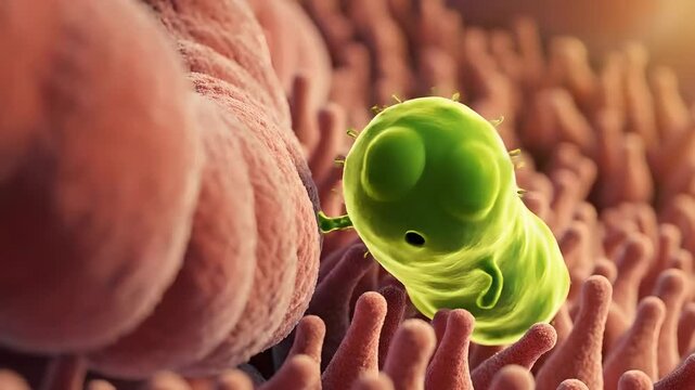 Cartoon Probiotic Bacteria Character in Intestinal Villi Animation