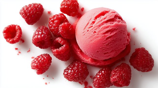 Raspberry sorbet served with fresh raspberries for a refreshing dessert