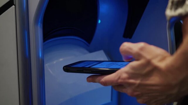 Passenger scanning smartphone at gate kiosk, blue LED sensor glowing, close-up of hands holding mobile device, user tapping for contactless boarding, ambient cool lighting, modern travel technology