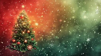 Magical glowing Christmas tree sparkles with festive ornaments amidst falling snow and warm bokeh lights, perfect for holiday greetings and winter promotions