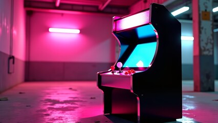 Retro arcade machine in abandoned warehouse