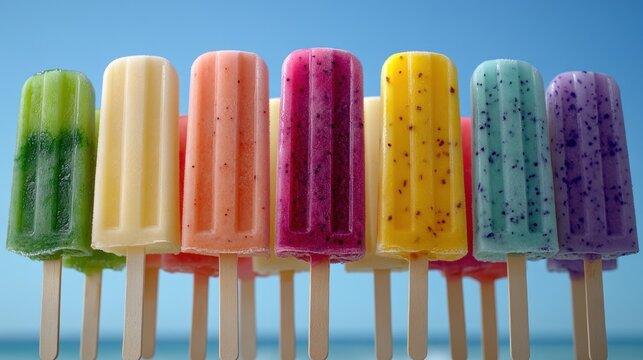 Colorful popsicles in a row against a blue sky