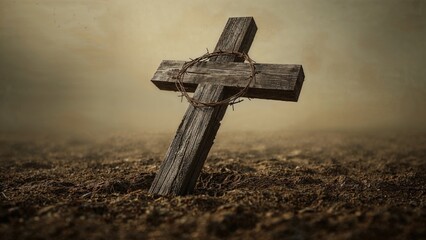 Weathered wooden cross buried in soil, with a loop of barbed wire around it, symbolizing memory and suffering, in a graveyard setting.
