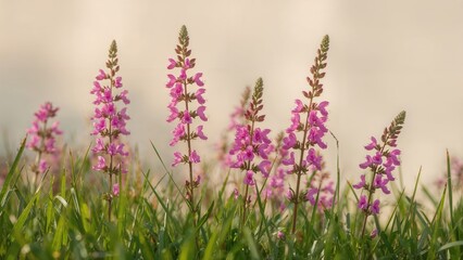 Obraz premium Wildflowers and grass in a field with pink blossoms, nature scene, floral and botany, natural environment.
