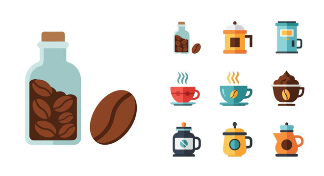 Variety of coffee beans brewing methods and served drinks illustrated in flat design