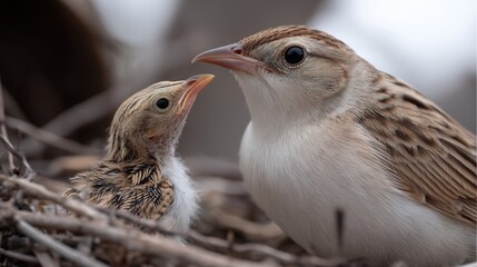 Obraz premium Mother Bird and Fledgling in Nest: A Close-Up Portrait of Parental Care in Nature