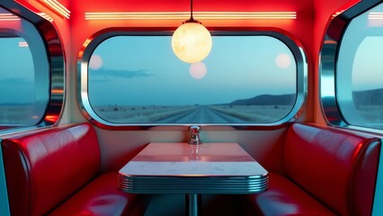 Diner booth with red vinyl and road view