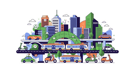 Obraz premium City Transportation Illustration with Buildings and Vehicles.