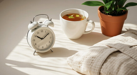 A sunlit morning scene featuring an alarm clock, a cup of herbal tea, and a cozy robe