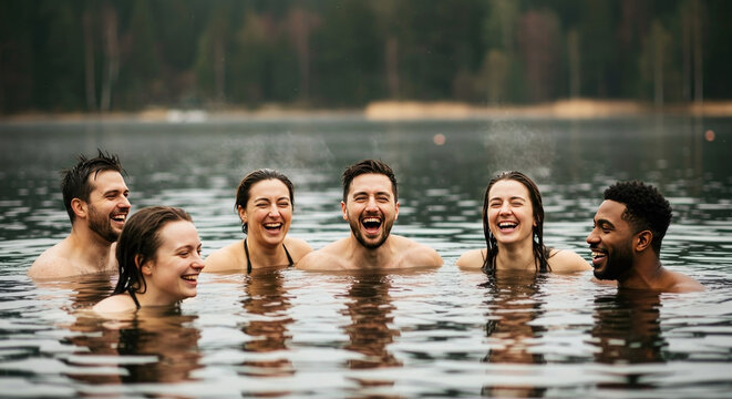 Happy group of diverse friends laughing and enjoying a swim in a natural lake - Powered by Adobe