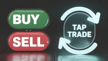 Tap Trade Digital Stock Market Concept: Trading Interface with Buy and Sell Toggle Switches and a Glowing Tag for Quick and Easy Online Transactions
