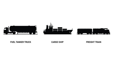 Silhouette illustrations of a fuel tanker cargo ship and freight train