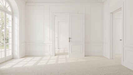 Fototapeta premium Empty room with white walls and large windows, sunlight streaming in, minimalistic interior design, bright and airy space.