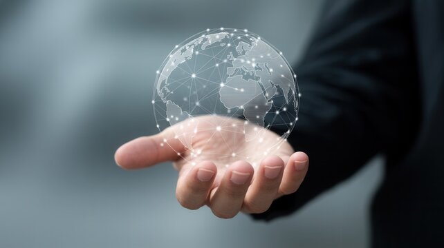Business professional holding digital globe representing global connections and technology advancements, showcasing innovation and worldwide reach, network solutions