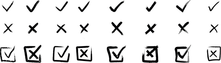 Check tick mark icon set. Cross box x check mark checkbox v list vector draw hand drawn sketch doodle brush marker checklist symbol wrong right circle. Vector Illustration © Fatema Esrak Zahan