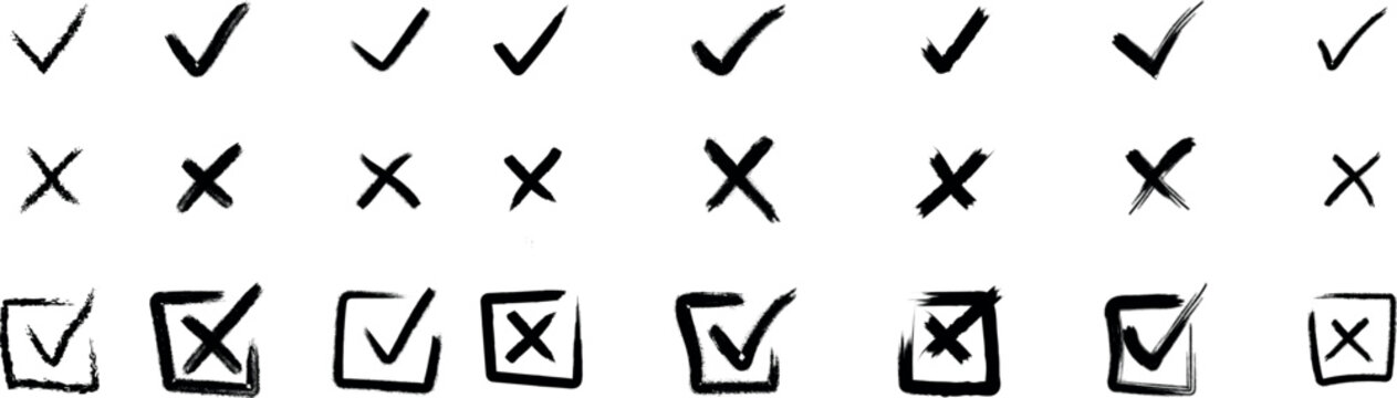 Check tick mark icon set. Cross box x check mark checkbox v list vector draw hand drawn sketch doodle brush marker checklist symbol wrong right circle. Vector Illustration