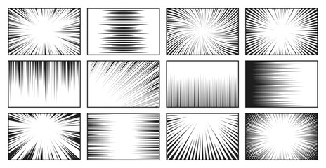 Comic speed line. Manga burst effect, anime radial motion background, surprise shock, impact cartoon dynamic graphic. Retro zoom abstract frame. Jagged sunburst, momentum shapes. Vector isolated set