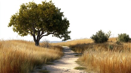Rural Footpath Leading Through a Field of Golden Grass to a Solitary Tree on a Sunny Day