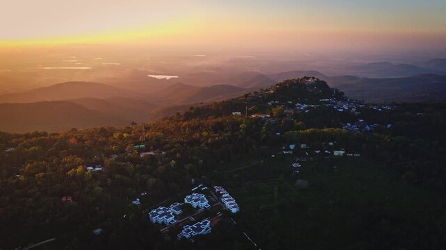 Aerial shot of Sri Biligiri Ranganathaswamy Temple at sunset, also known as Biligiri Ranganna Temple, is situated on the highest peak of the BR Hills in the Chamarajanagar district of Karnataka, India