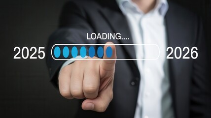 Loading the future with a businessman's touch from 2025 to 2026, symbolizing progress and innovation in a sleek, modern design concept