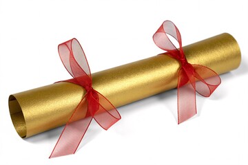 Golden graduation diploma certificate scroll with red ribbon bow on white table