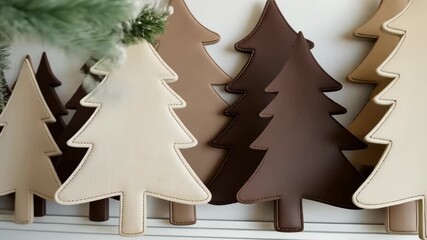 A charming display of colorful wooden trees highlights the craft shop’s festive spirit and holiday decor ideas