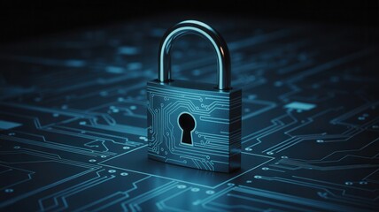 Secure your data with this striking padlock on a circuit board design, symbolizing cybersecurity, digital protection, and peace of mind for your business